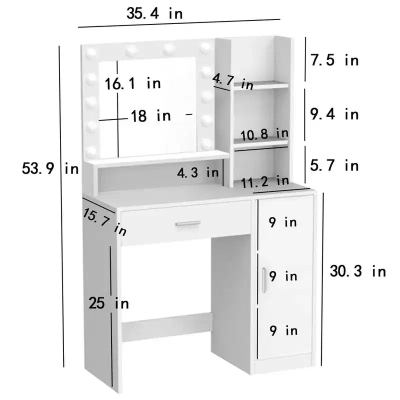 Coiffeuse avec miroir Coiffeuse avec trois niveaux d'étagères de rangement, 1 tiroir et 1 porte d'armoire, meuble de maquillage pour salle de maquillage