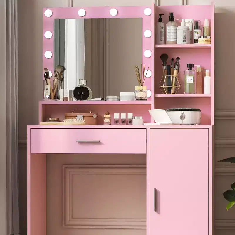 Coiffeuse avec miroir Coiffeuse avec trois niveaux d'étagères de rangement, 1 tiroir et 1 porte d'armoire, meuble de maquillage pour salle de maquillage