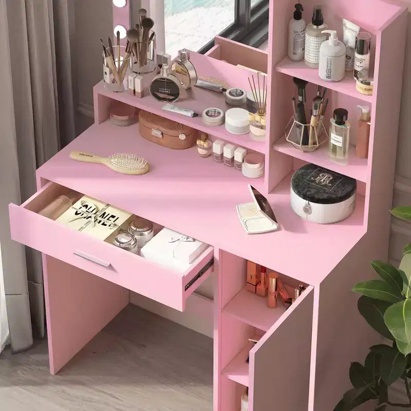 Coiffeuse avec miroir Coiffeuse avec trois niveaux d'étagères de rangement, 1 tiroir et 1 porte d'armoire, meuble de maquillage pour salle de maquillage