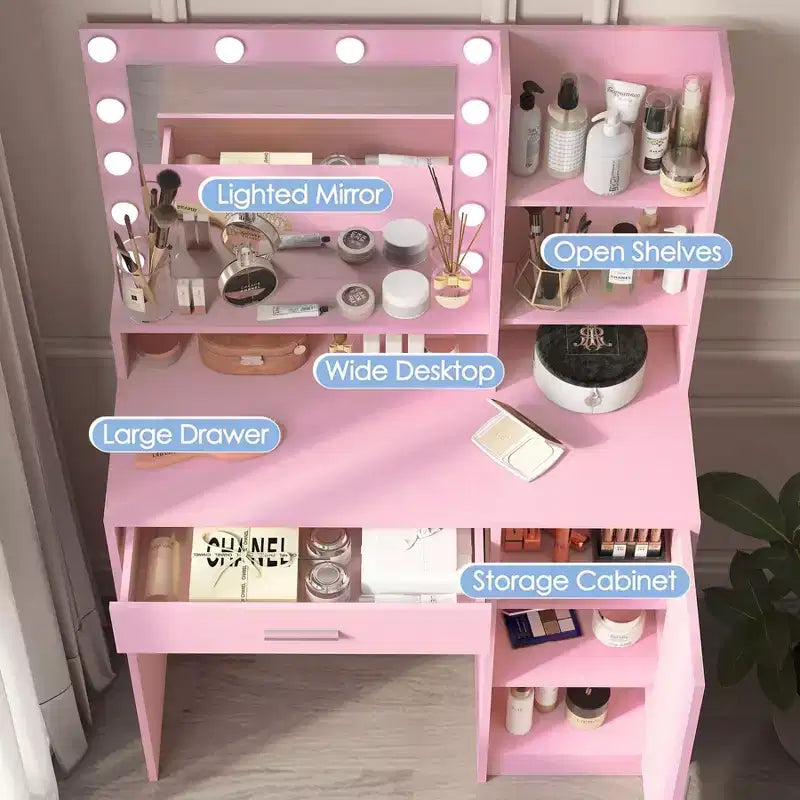 Coiffeuse avec miroir Coiffeuse avec trois niveaux d'étagères de rangement, 1 tiroir et 1 porte d'armoire, meuble de maquillage pour salle de maquillage