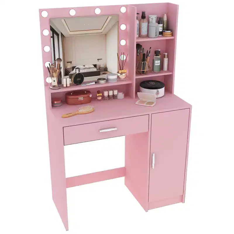 Coiffeuse avec miroir Coiffeuse avec trois niveaux d'étagères de rangement, 1 tiroir et 1 porte d'armoire, meuble de maquillage pour salle de maquillage