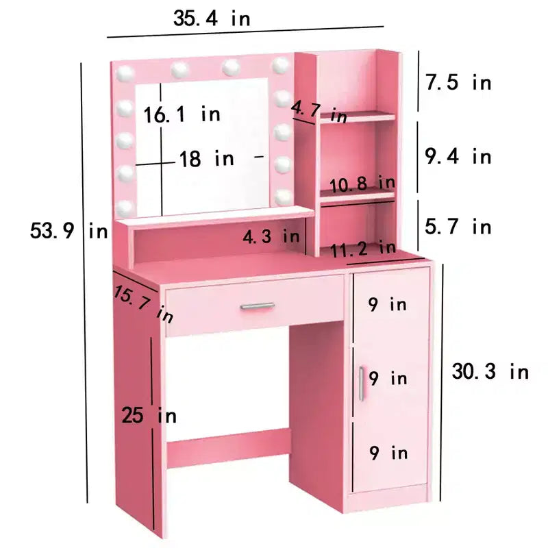 Coiffeuse avec miroir Coiffeuse avec trois niveaux d'étagères de rangement, 1 tiroir et 1 porte d'armoire, meuble de maquillage pour salle de maquillage