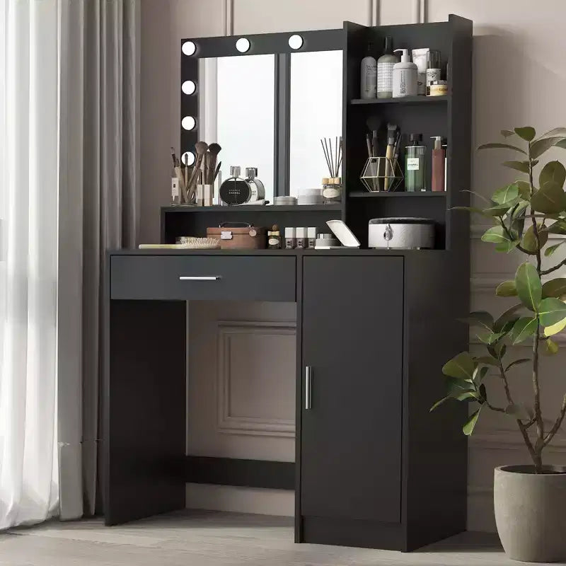 Coiffeuse avec miroir Coiffeuse avec trois niveaux d'étagères de rangement, 1 tiroir et 1 porte d'armoire, meuble de maquillage pour salle de maquillage