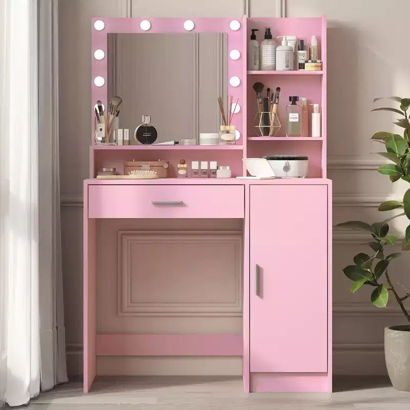 Okak Vanity Table with Mirror Makeup Vanity with Three Level Storage Shelves 1 Drawer and 1 Cabinet Door Makeup Desk for Vanity Room