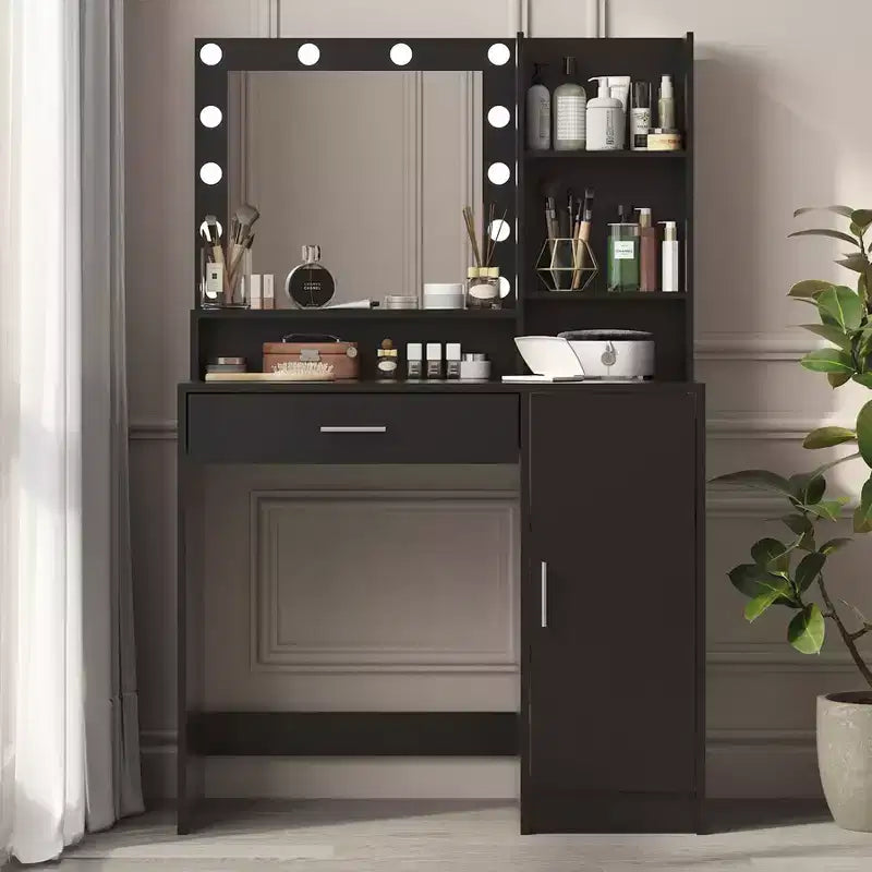 Coiffeuse avec miroir Coiffeuse avec trois niveaux d'étagères de rangement, 1 tiroir et 1 porte d'armoire, meuble de maquillage pour salle de maquillage