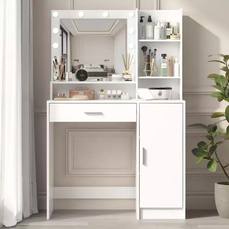 Coiffeuse avec miroir Coiffeuse avec trois niveaux d'étagères de rangement, 1 tiroir et 1 porte d'armoire, meuble de maquillage pour salle de maquillage
