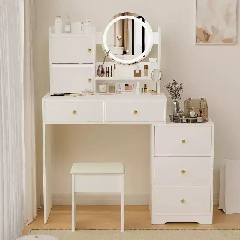 Okak Modern Vanity Desk with Round Makeup Mirror Girls Vanity with Cushioned Chair and 7 Drawers Vanity Table for Vanity Room Dressing Room White