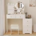 Okak Modern Vanity Desk with Round Makeup Mirror Girls Vanity with Cushioned Chair and 7 Drawers Vanity Table for Vanity Room Dressing Room White