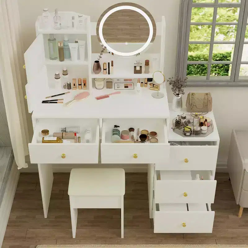 Coiffeuse moderne avec miroir de maquillage rond Coiffeuse pour filles avec chaise rembourrée et 7 tiroirs Table de vanité pour salle de bain Salle d'habillage Blanc
