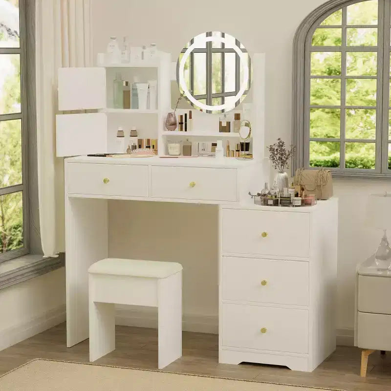 Coiffeuse moderne avec miroir de maquillage rond Coiffeuse pour filles avec chaise rembourrée et 7 tiroirs Table de vanité pour salle de bain Salle d'habillage Blanc
