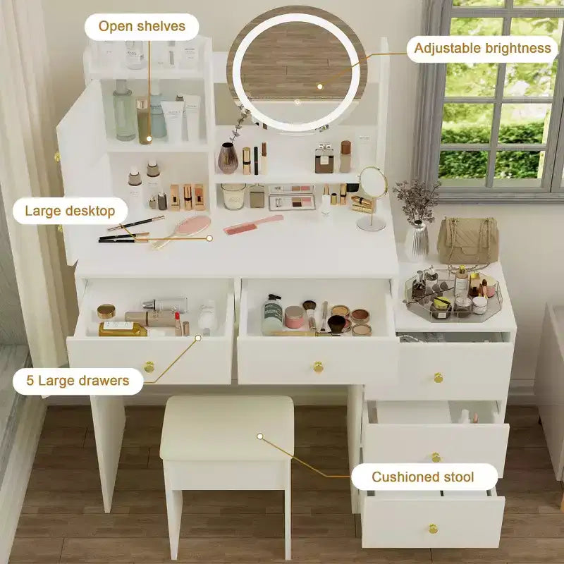 Coiffeuse moderne avec miroir de maquillage rond Coiffeuse pour filles avec chaise rembourrée et 7 tiroirs Table de vanité pour salle de bain Salle d'habillage Blanc