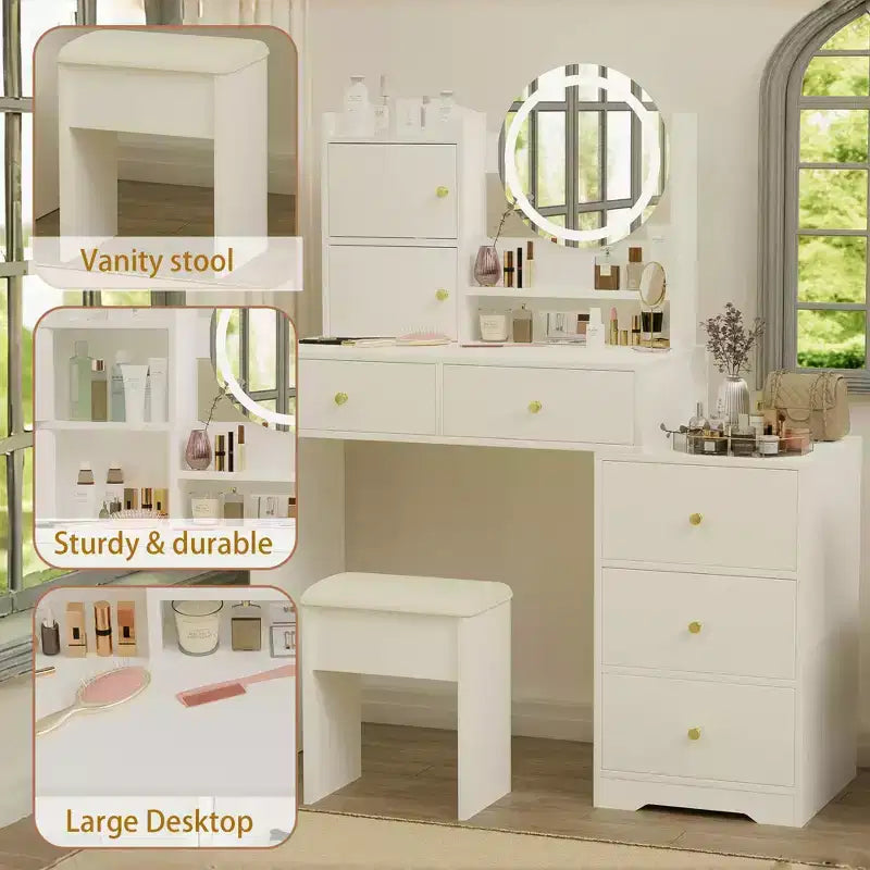 Coiffeuse moderne avec miroir de maquillage rond Coiffeuse pour filles avec chaise rembourrée et 7 tiroirs Table de vanité pour salle de bain Salle d'habillage Blanc