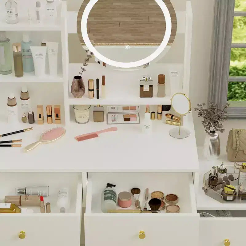 Coiffeuse moderne avec miroir de maquillage rond Coiffeuse pour filles avec chaise rembourrée et 7 tiroirs Table de vanité pour salle de bain Salle d'habillage Blanc