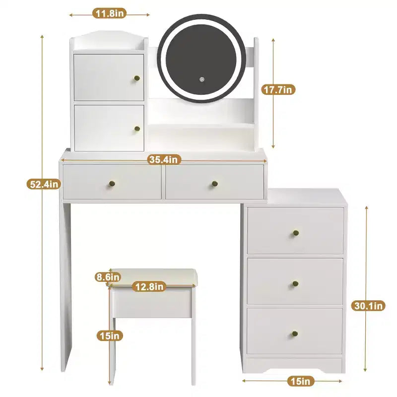 Coiffeuse moderne avec miroir de maquillage rond Coiffeuse pour filles avec chaise rembourrée et 7 tiroirs Table de vanité pour salle de bain Salle d'habillage Blanc