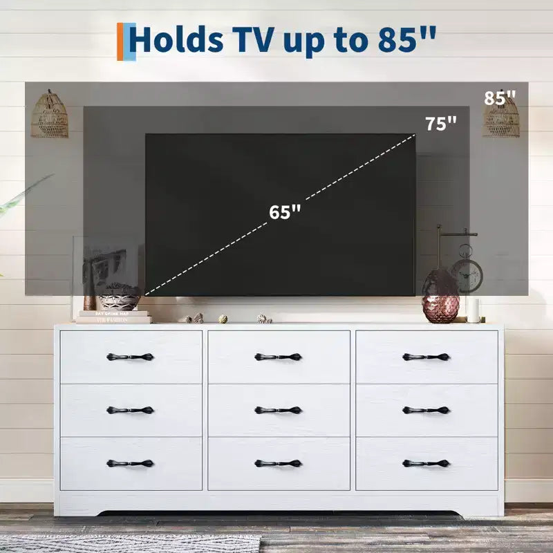 Meuble TV en bois à 9 tiroirs avec support Meuble TV pour téléviseurs de 32 à 85 pouces Grand centre de divertissement Console multimédia