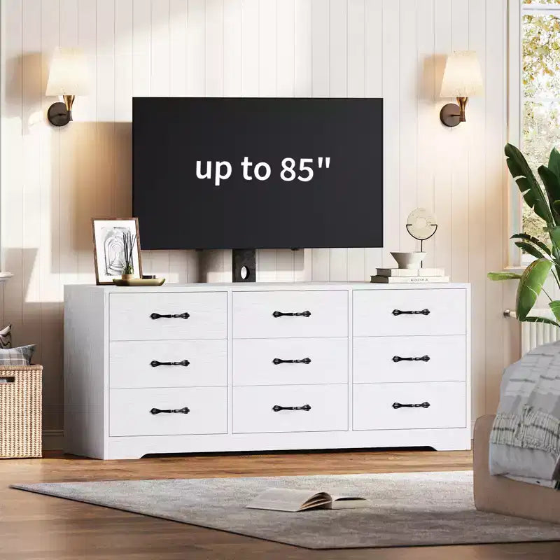 Meuble TV en bois à 9 tiroirs avec support Meuble TV pour téléviseurs de 32 à 85 pouces Grand centre de divertissement Console multimédia