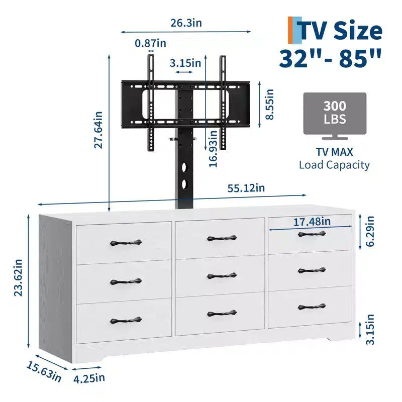 Meuble TV en bois à 9 tiroirs avec support Meuble TV pour téléviseurs de 32 à 85 pouces Grand centre de divertissement Console multimédia
