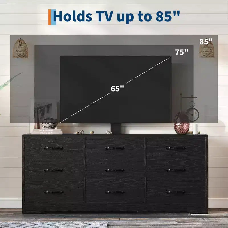 Meuble TV en bois à 9 tiroirs avec support Meuble TV pour téléviseurs de 32 à 85 pouces Grand centre de divertissement Console multimédia