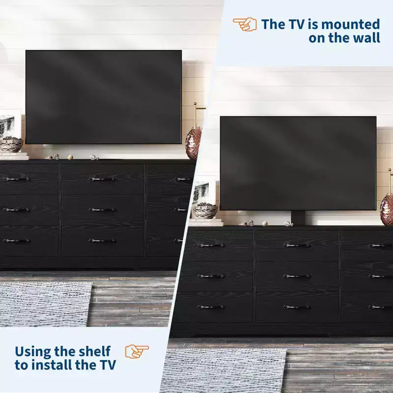 Meuble TV en bois à 9 tiroirs avec support Meuble TV pour téléviseurs de 32 à 85 pouces Grand centre de divertissement Console multimédia