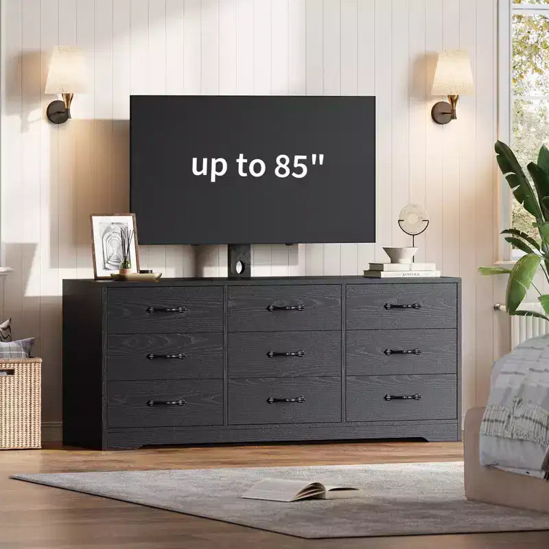 Meuble TV en bois à 9 tiroirs avec support Meuble TV pour téléviseurs de 32 à 85 pouces Grand centre de divertissement Console multimédia