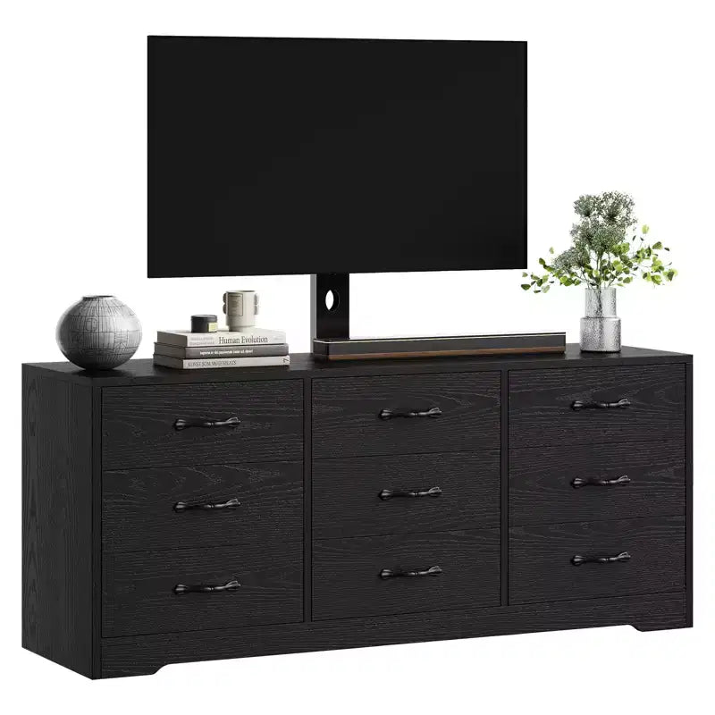 Meuble TV en bois à 9 tiroirs avec support Meuble TV pour téléviseurs de 32 à 85 pouces Grand centre de divertissement Console multimédia