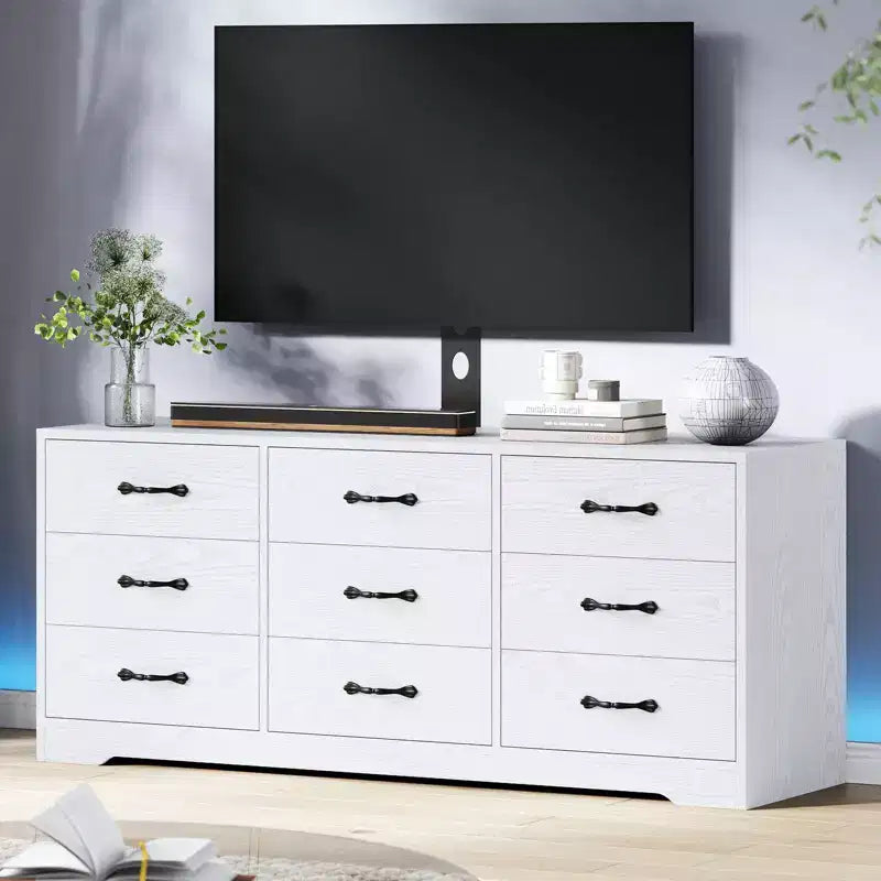 Meuble TV en bois à 9 tiroirs avec support Meuble TV pour téléviseurs de 32 à 85 pouces Grand centre de divertissement Console multimédia