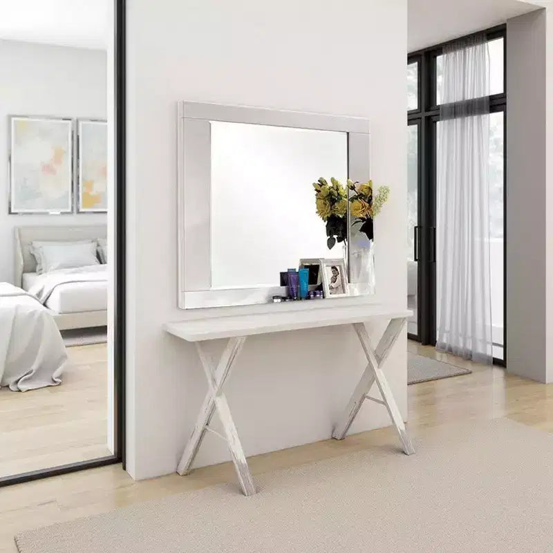 Miroir de commode 46 pouces, cadre en bois massif laqué blanc brillant