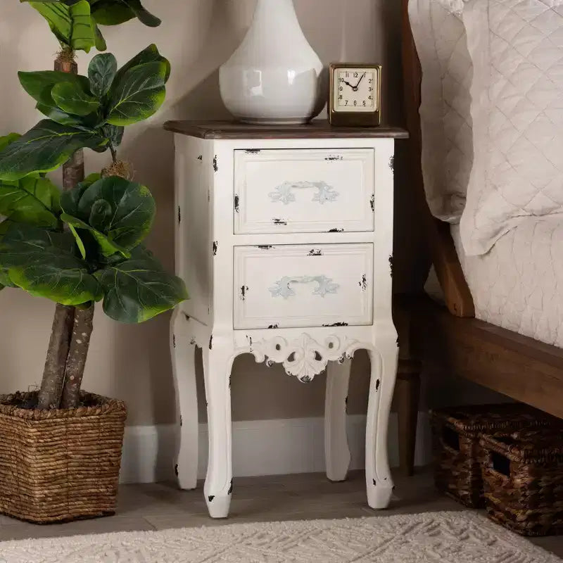Table de chevet à 2 tiroirs en bois bicolore et antique