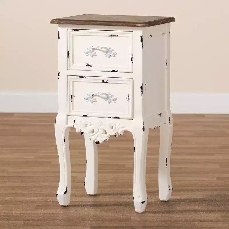 Table de chevet à 2 tiroirs en bois bicolore et antique