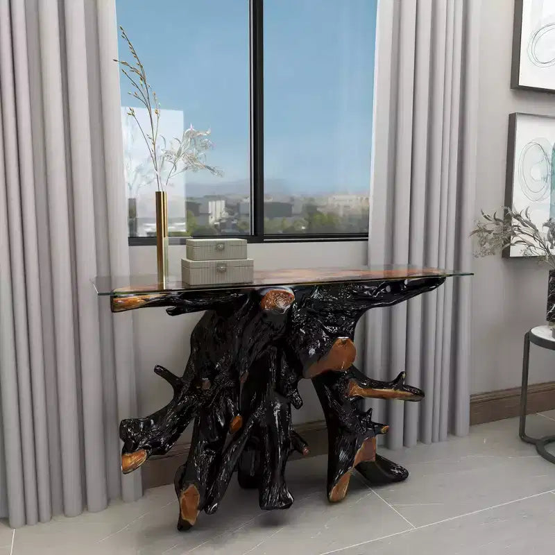 Console en teck contemporaine dorée