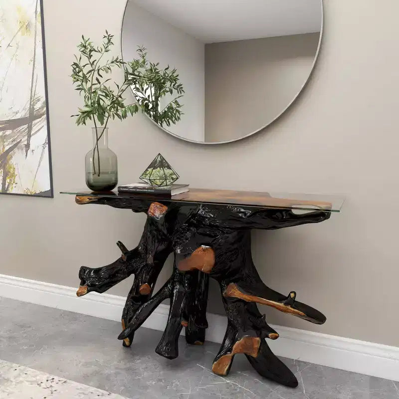 Console en teck contemporaine dorée