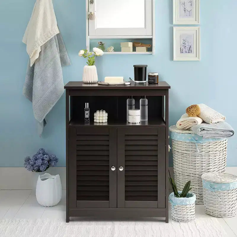 Meuble de salle de bain en bois avec double porte à persiennes café/noir/blanc