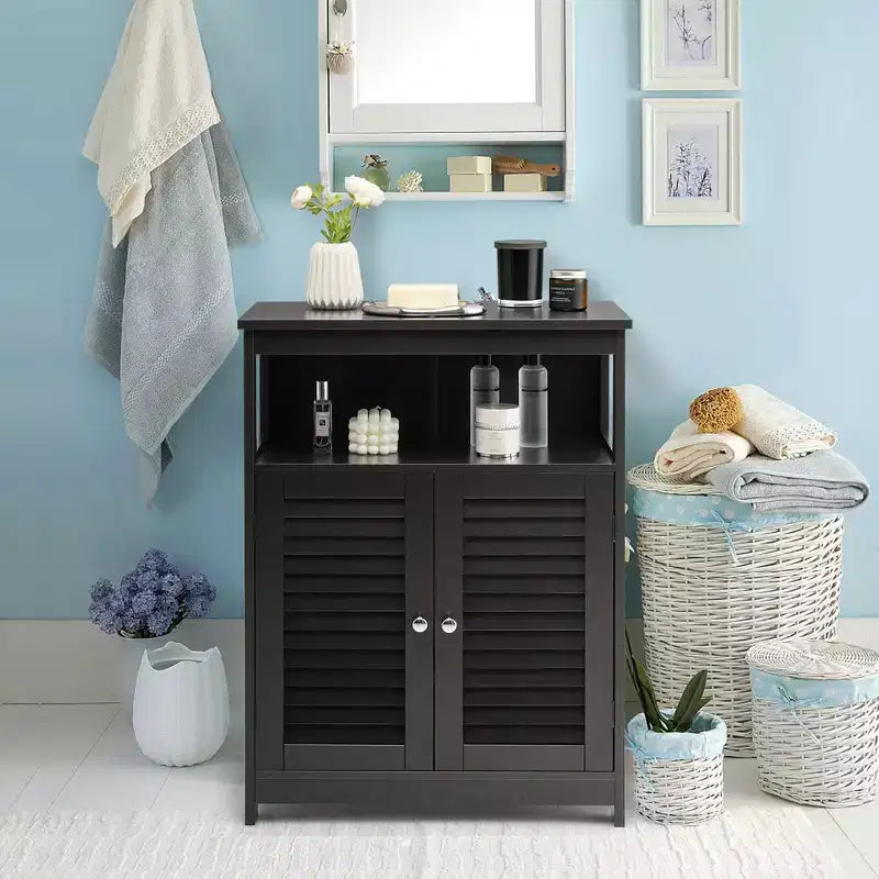 Meuble de salle de bain en bois avec double porte à persiennes café/noir/blanc