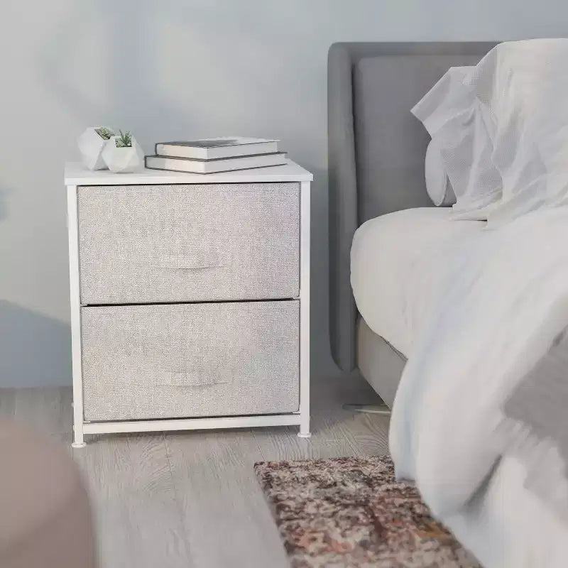 Meuble de rangement Oliver à 2 tiroirs avec plateau en bois et tiroirs en tissu foncé