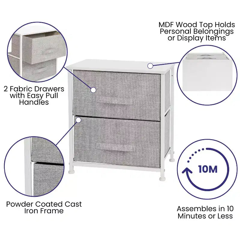 Meuble de rangement Oliver à 2 tiroirs avec plateau en bois et tiroirs en tissu foncé