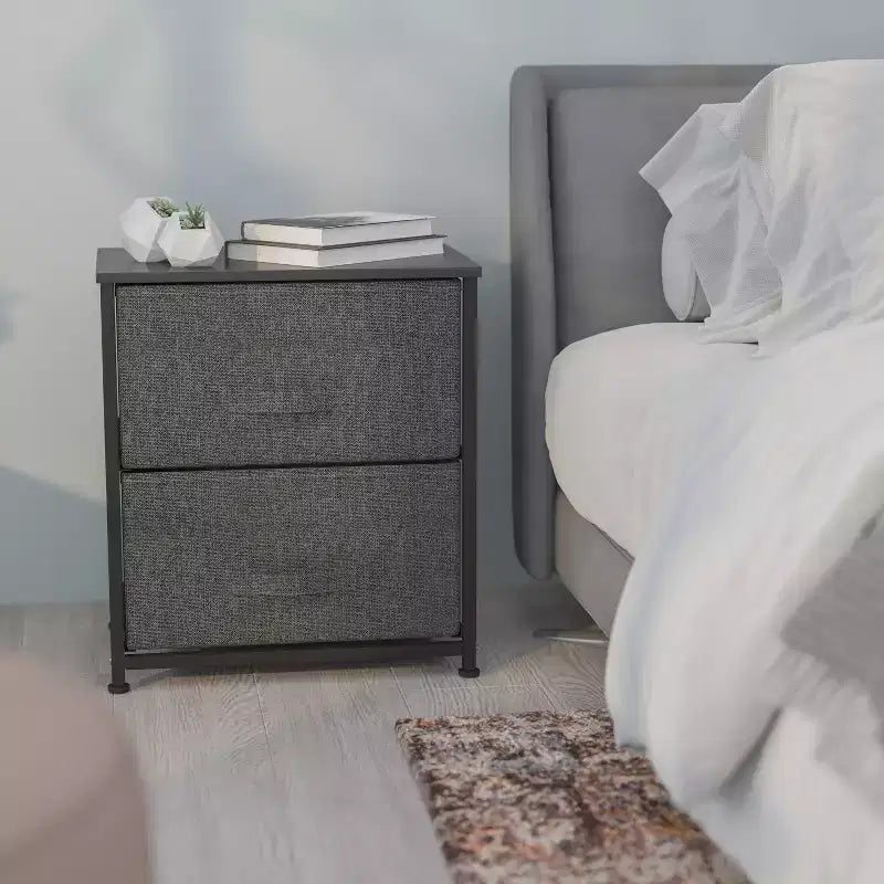 Meuble de rangement Oliver à 2 tiroirs avec plateau en bois et tiroirs en tissu foncé